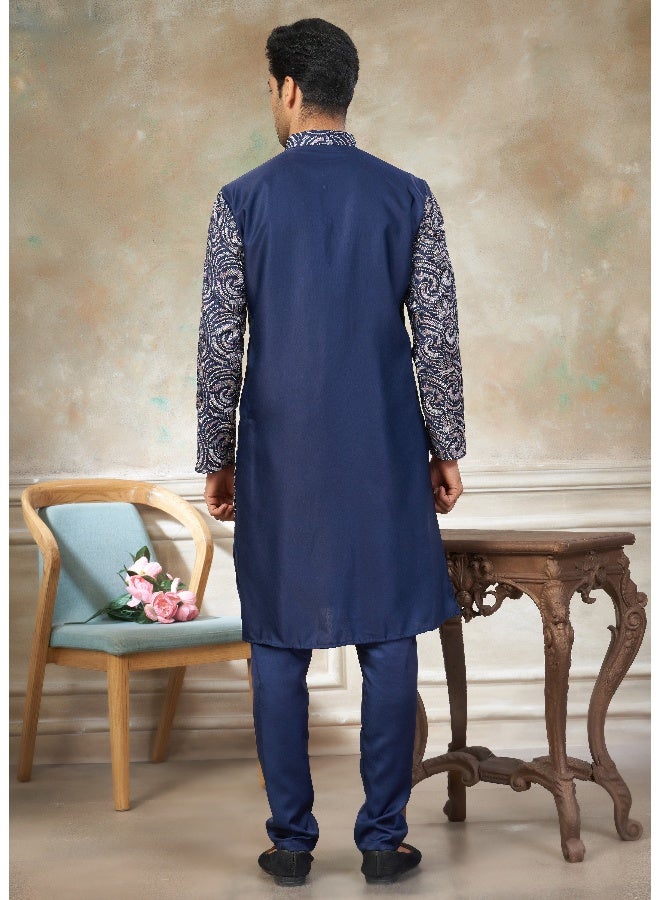 OUTLUK Navy Blue Embroidered Kurta and Pajama Set for Men - Image 2